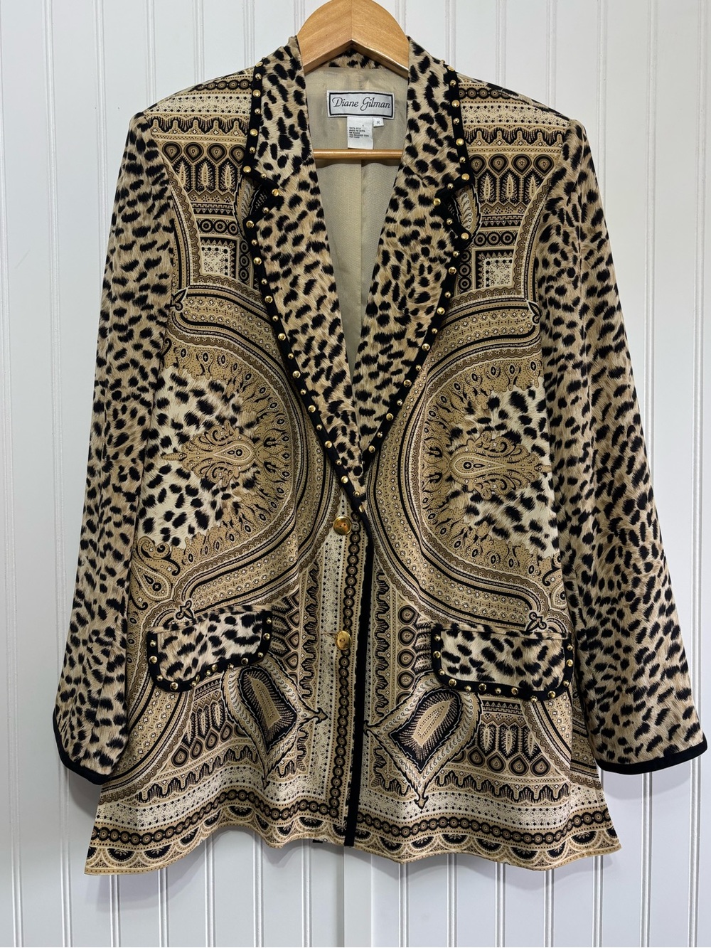 Diane Gilman 100% Silk Leopard Print Paisley Gold Studded Blazer Jacket Size M